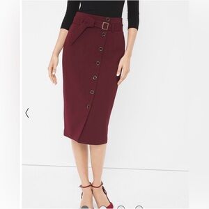 White House Black Market Midi Pencil Skirt Maroon Buttons Belt Sz 6 Excellent